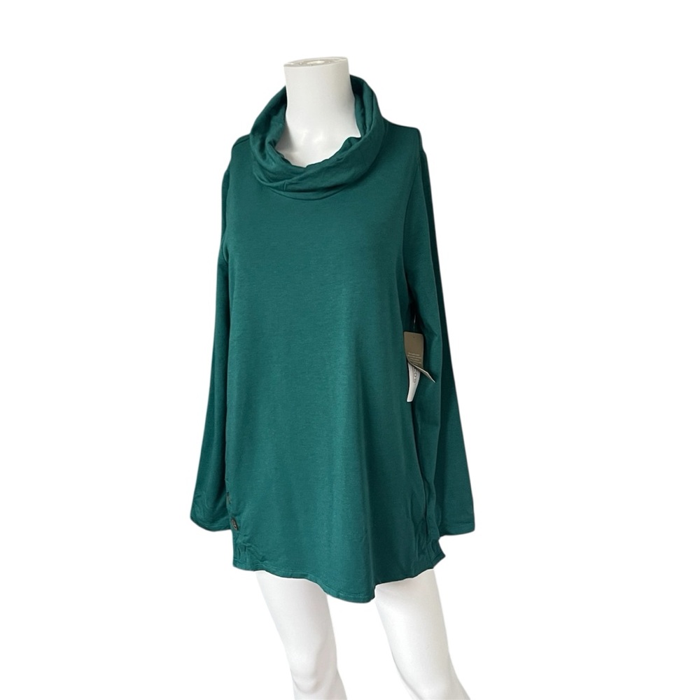 NEW Chicos Cozisoft Cowl Neck Size Button Long Sleeve Knit Top Teal Size Medium